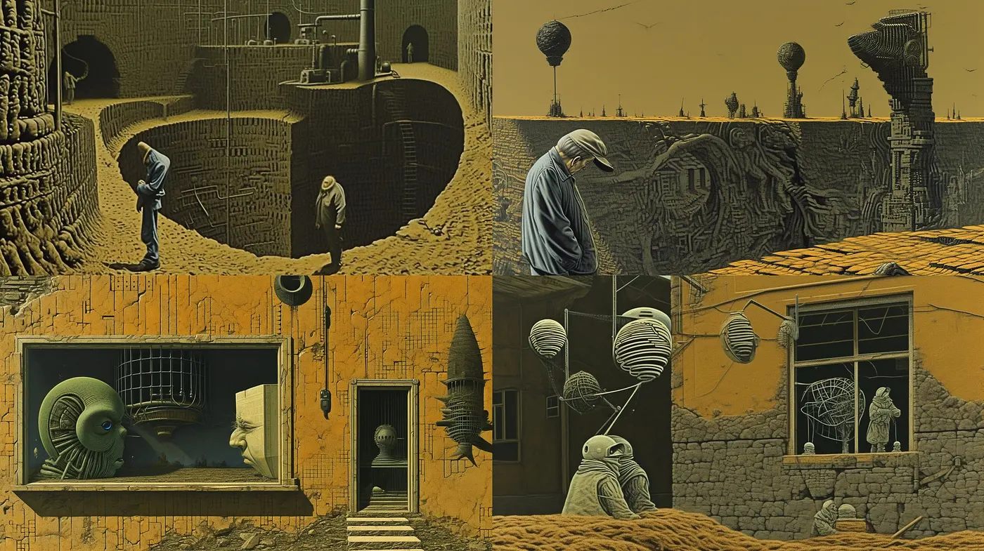 Surrealist Echoes in Sepia: A Homage to Escher and Dali within Textured Dreamscapes - Midjourney sref style