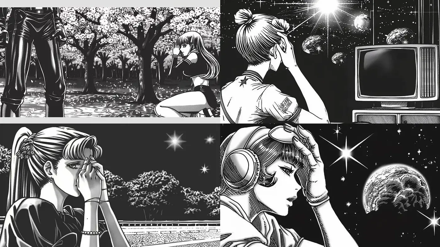 Dramatic Black-and-White Anime with Cosmic Elements - Midjourney sref style