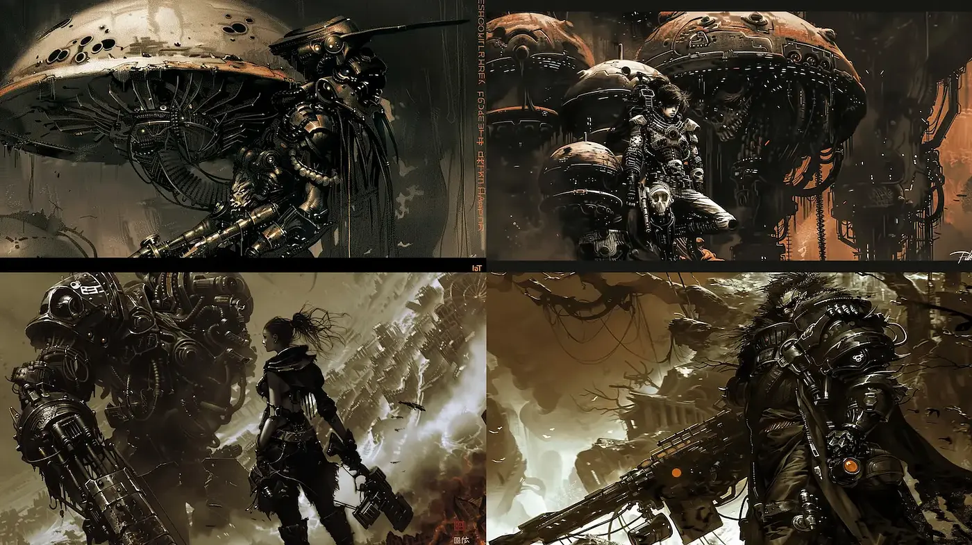 Futuristic Steampunk-inspired Mechanical Surrealism with Dark Undertones - Midjourney sref style