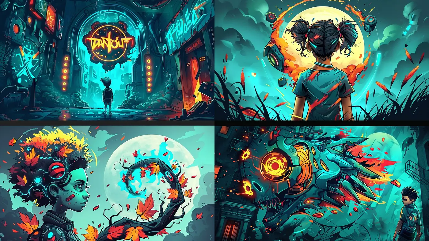 Ethereal Cyber-Dreamscapes: A Fusion of Digital Neon and Autumnal Vibes - Midjourney sref style