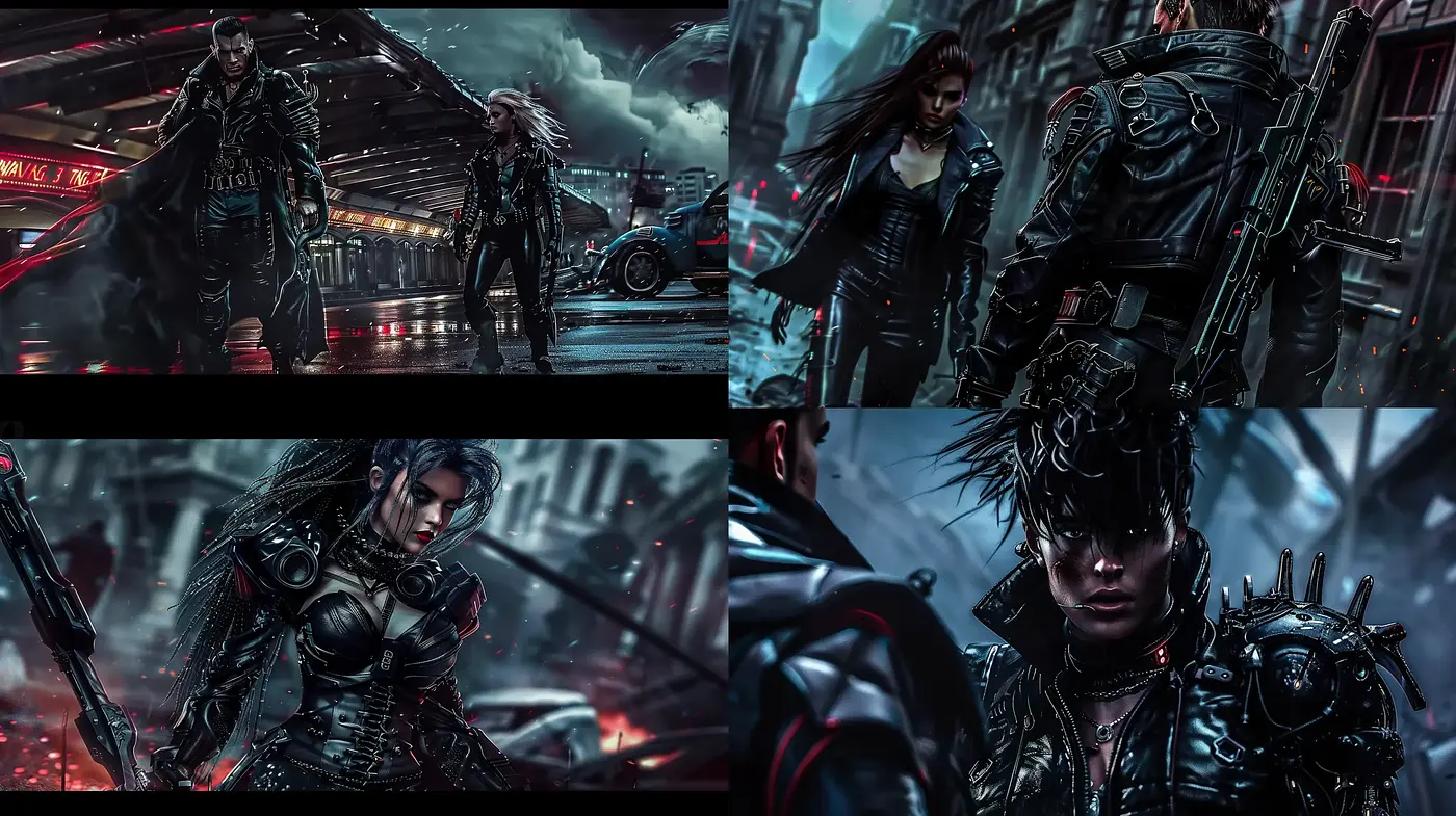Grit and Elegance in a Cyberpunk Dystopia: A Dive into Dark Chromatic Richness - Midjourney sref style