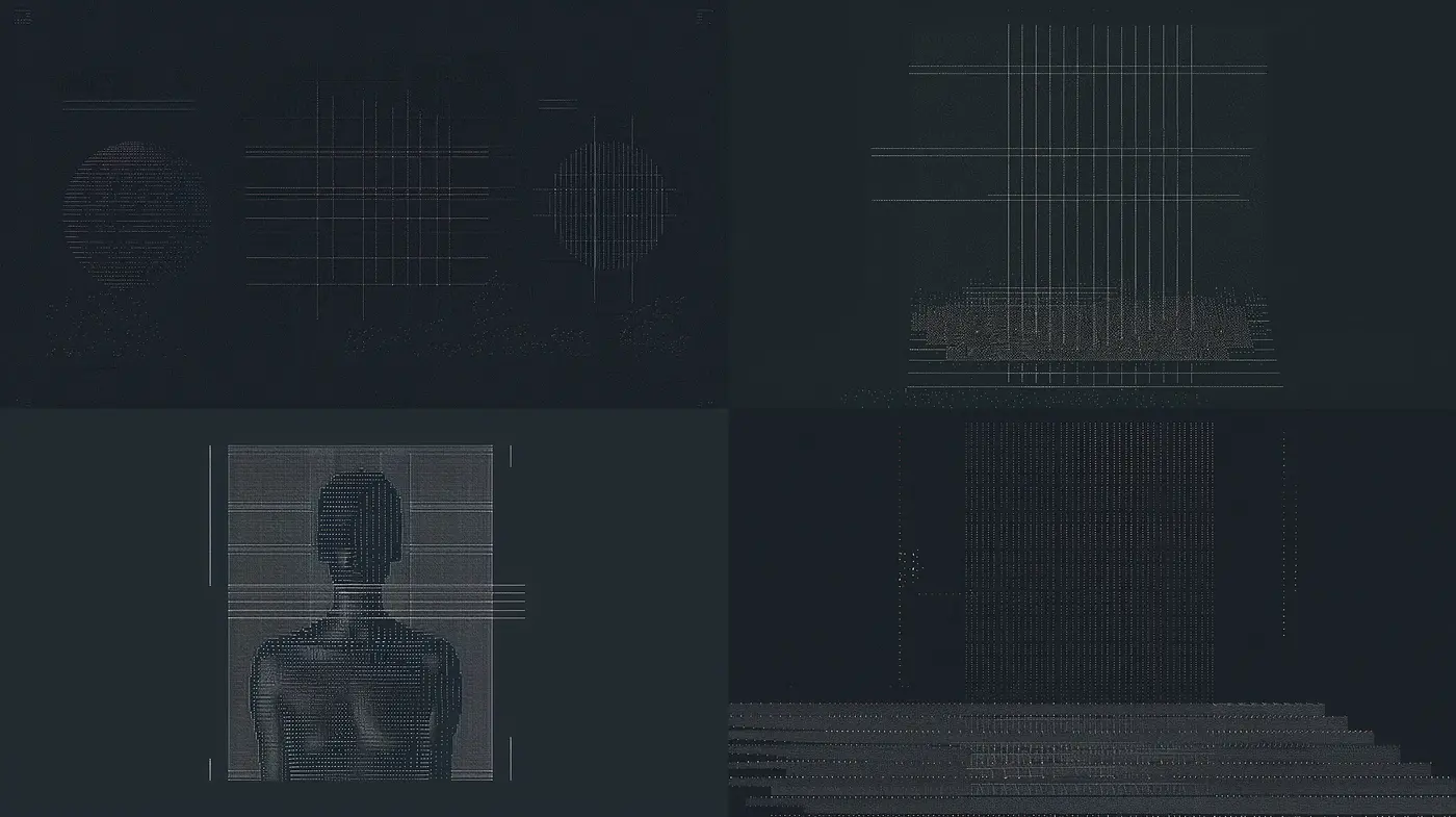 Ethereal Digital Weave: A Consistent Exploration in Monochromatic Grids and Glitch Art Aesthetics - Midjourney sref style