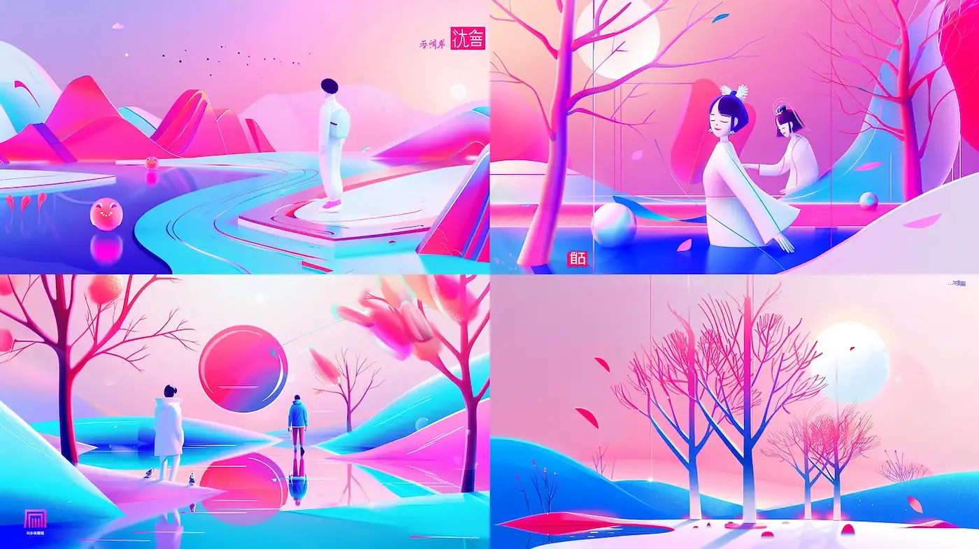 Vibrant gradients in a serene and whimsical landscape - Midjourney sref style