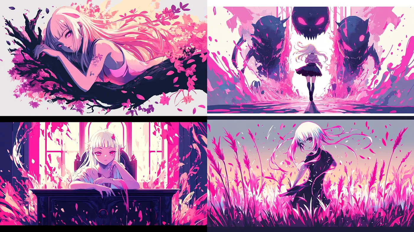 Magenta Hues and Anime Elegance: A Digital Illustration Ensemble - Midjourney sref style