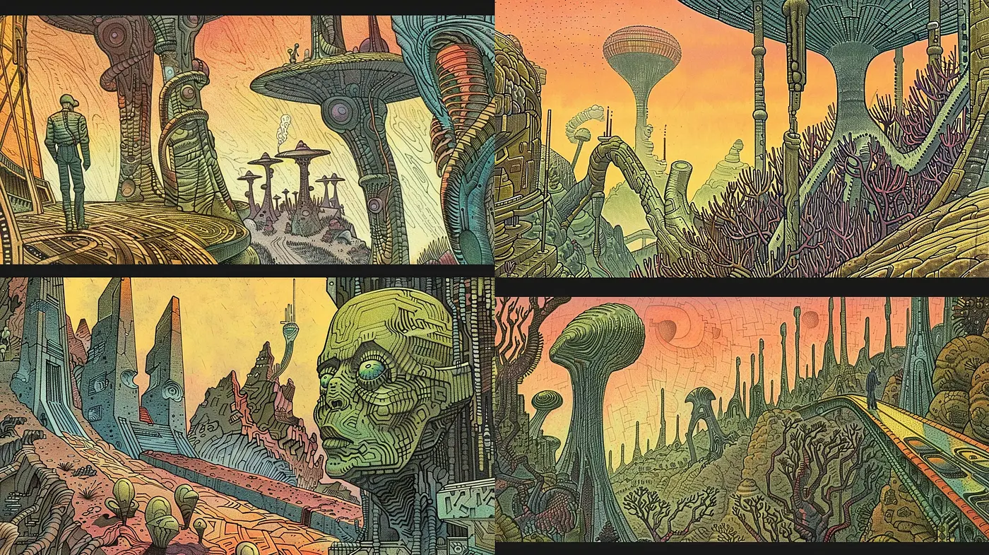 Psychedelic Dreamscapes: A Homage to Surrealist Visions and Crosshatching Mastery - Midjourney sref style