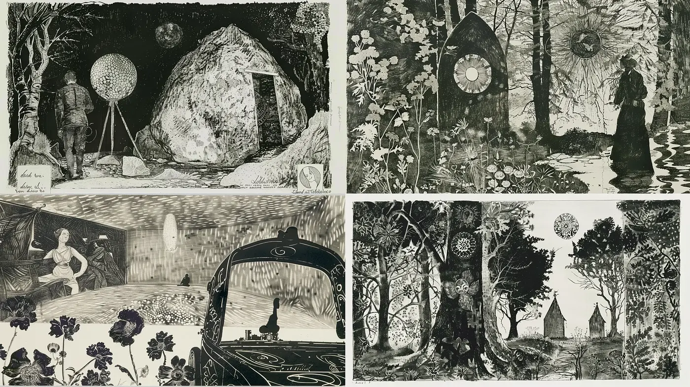Whimsical Monochromatic Engravings of Ethereal Dreamscapes - Midjourney sref style