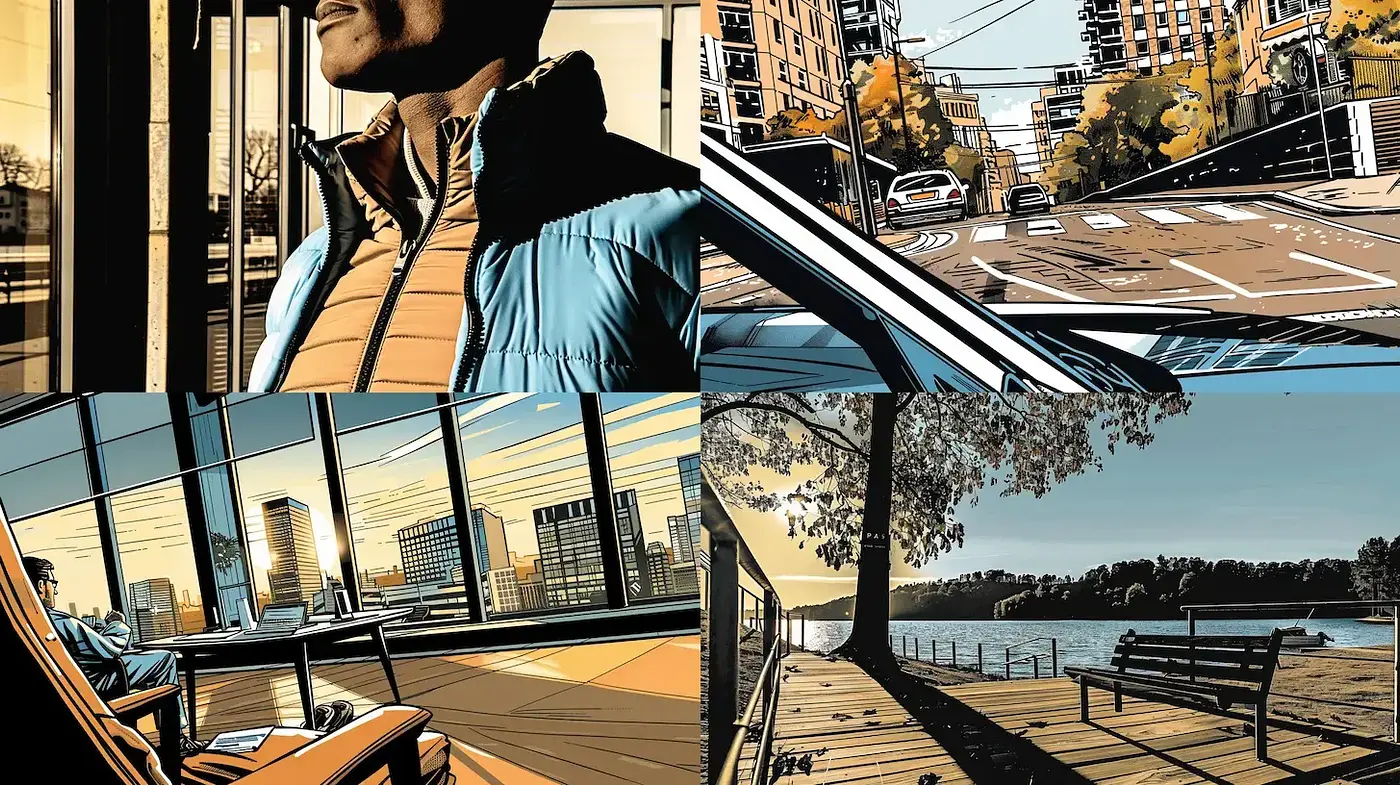 Dynamic Urban Illustration with Warm Tones and Nostalgic Touch - Midjourney sref style