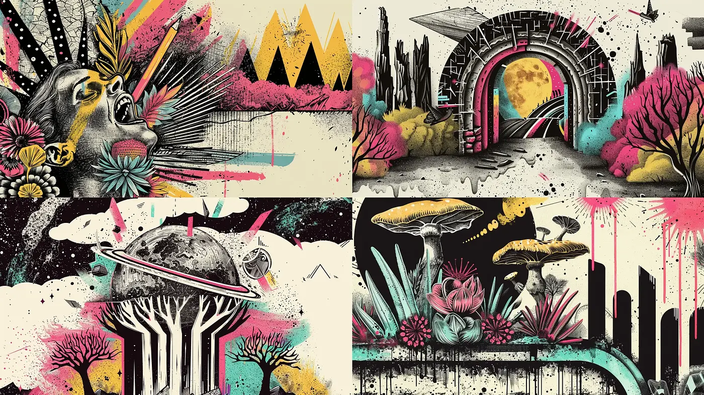 Surreal Vintage-Inspired Fantastical Landscape Collages - Midjourney sref style
