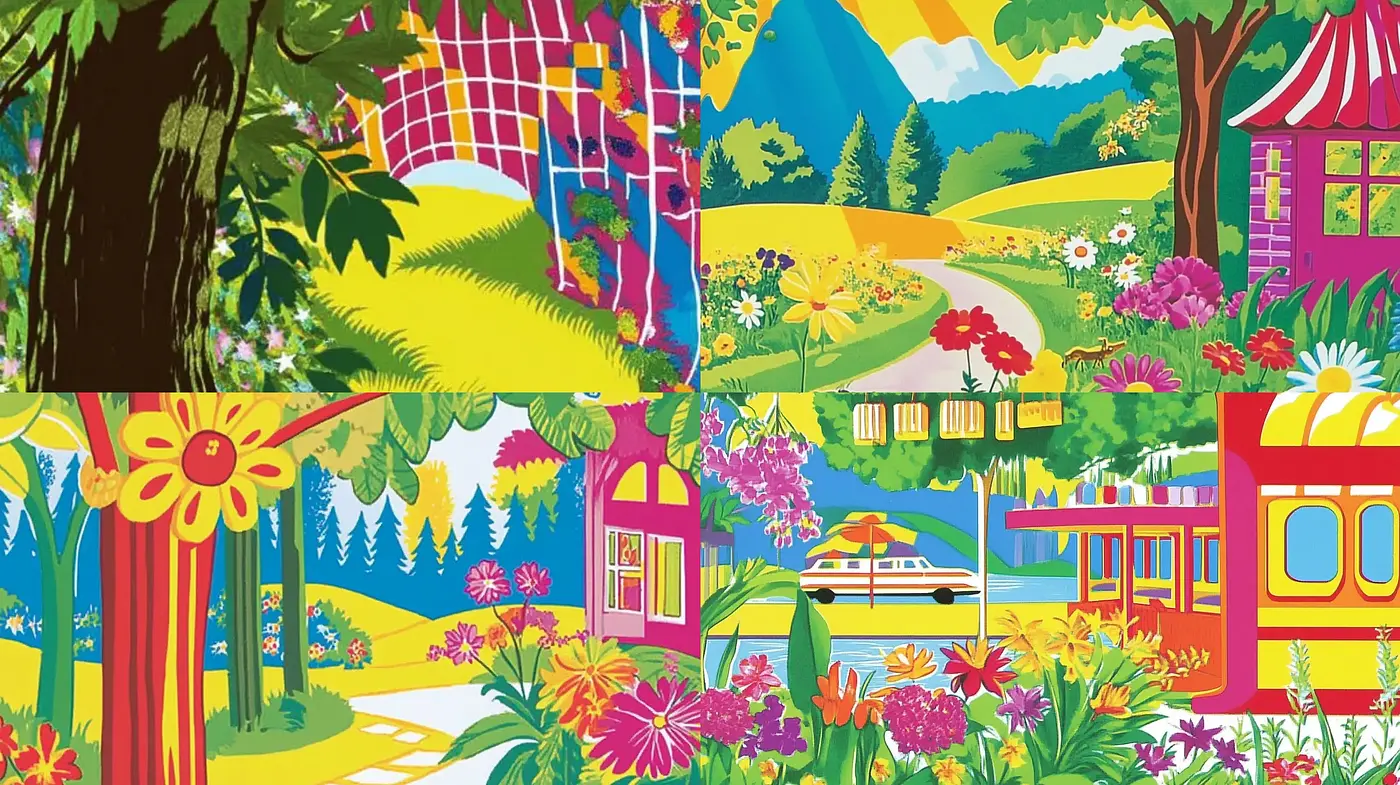 Psychedelic Landscape Extravaganza in a Kaleidoscope of Colors - Midjourney sref style