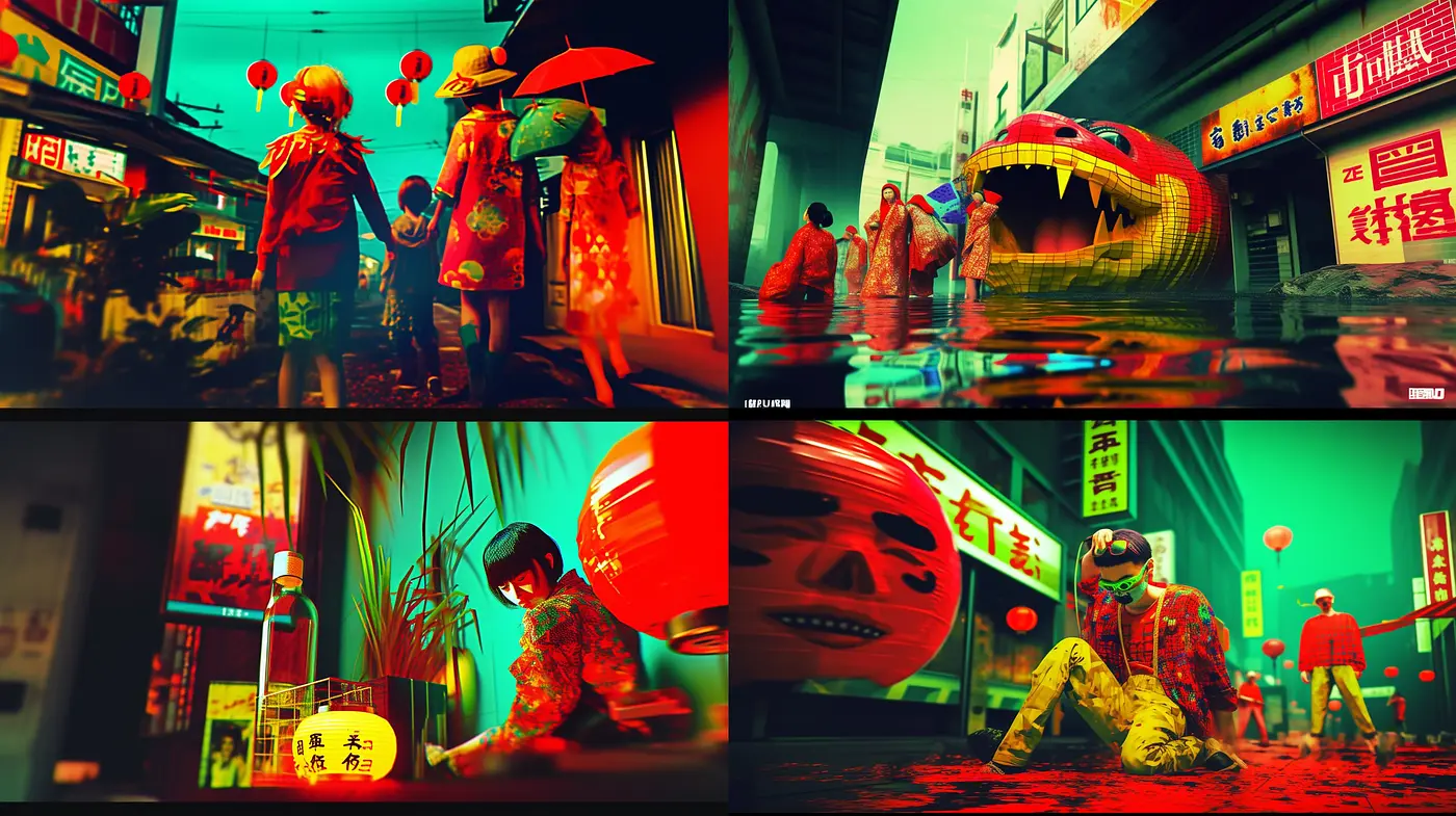 Neon Drenched Cyberpunk Dreamscape with a Surreal Twist - Midjourney sref style