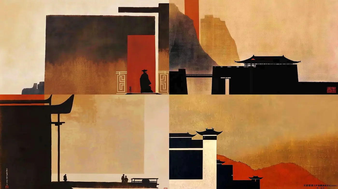 Abstracted Asian Architectural Serenity in Warm Tones - Midjourney sref style