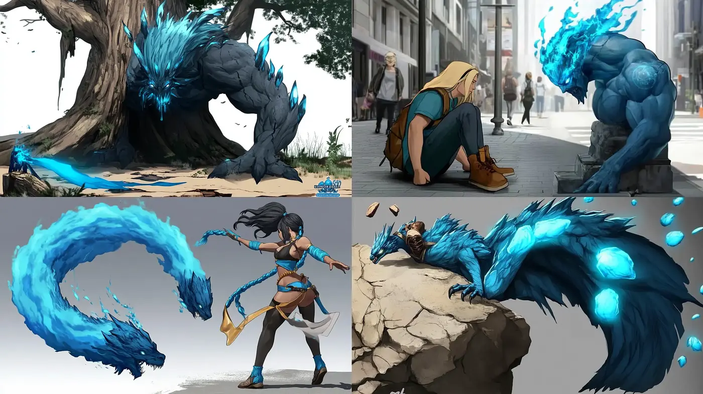 Dynamic Azure Essence in Stylized Digital Realism - Midjourney sref style