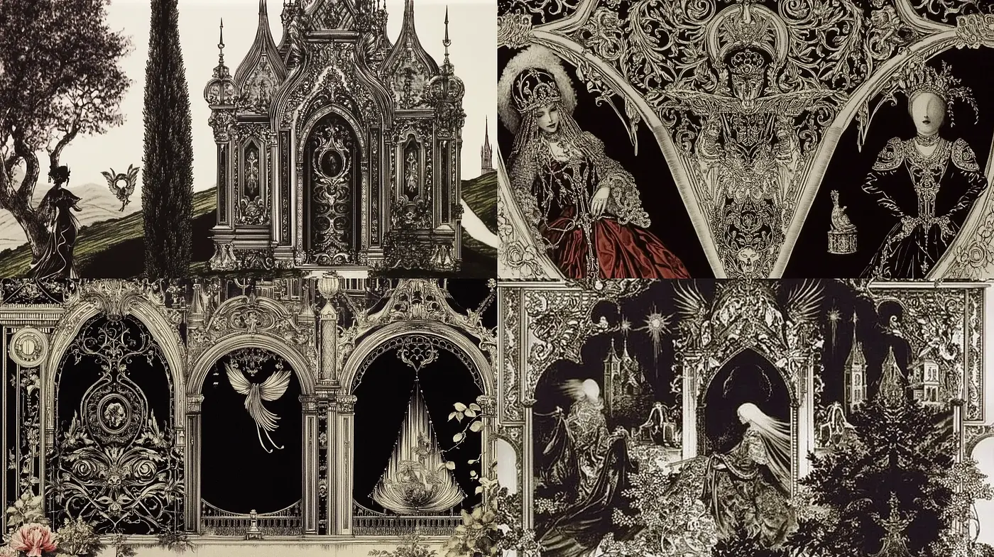 Gothic Reverie in Monochrome: An Homage to Intricate Architecture and Ethereal Forms - Midjourney sref style