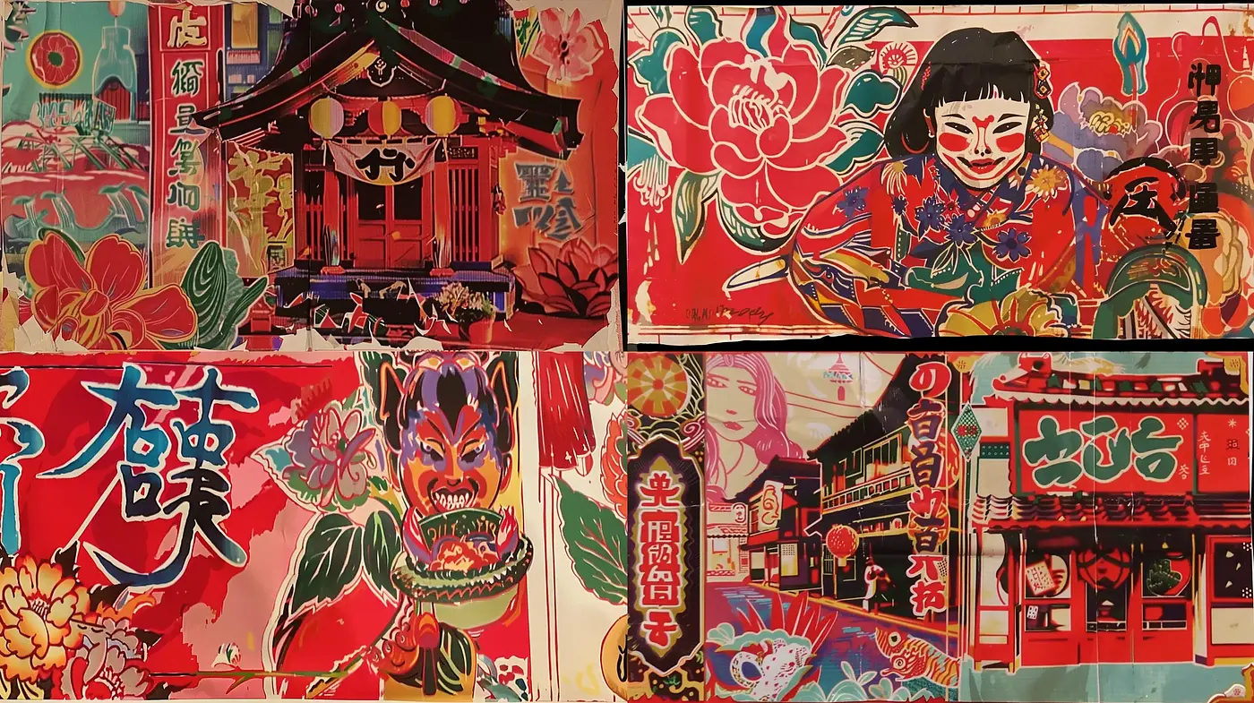 Vibrant Synthesis of Traditional Japanese Imagery and Modern Graphic Novel Aesthetics - Midjourney sref style