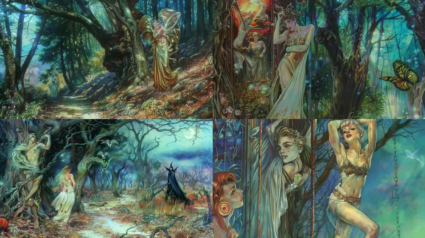 Enchanted Forest Whimsy: A Blend of Art Nouveau Elegance with Mythical Overtones - Midjourney sref style