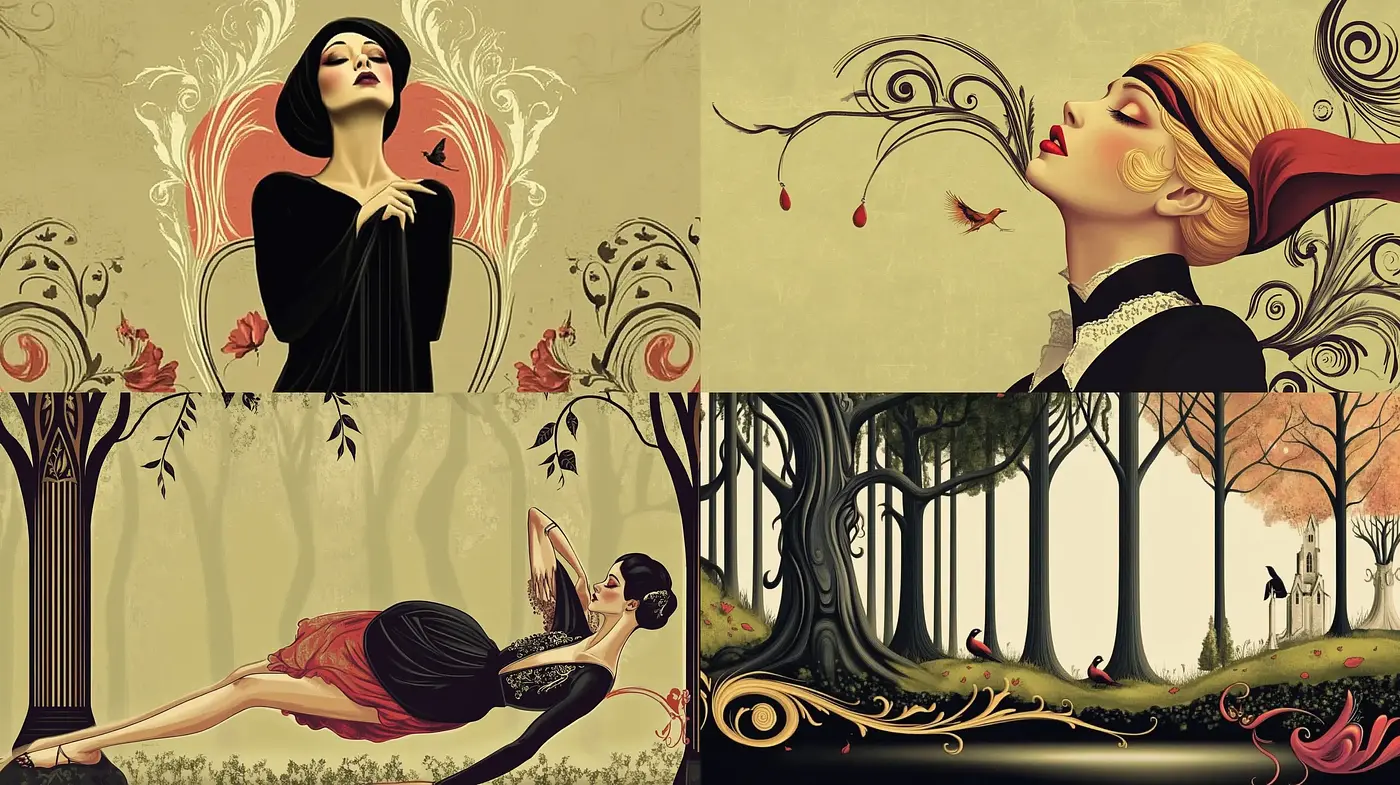 Elegance and Whimsy in an Autumnal Art Nouveau Fusion - Midjourney sref style