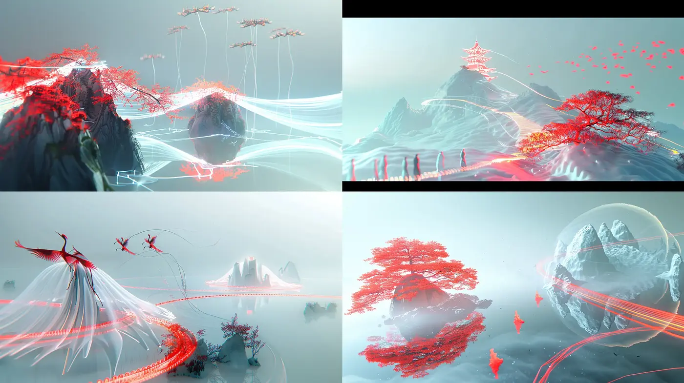Ethereal Crimson Brushstrokes Amidst Misty Tableaus - Midjourney sref style