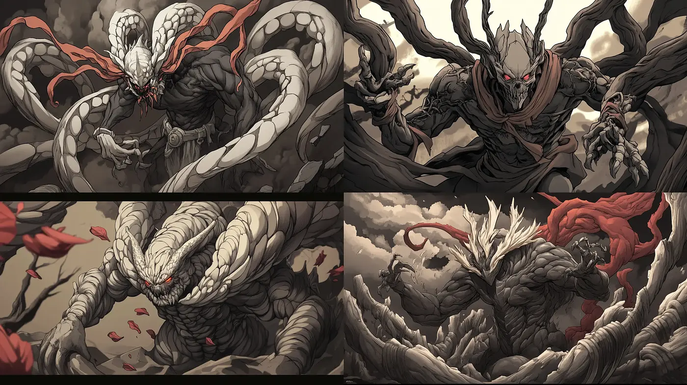 Monochromatic Myths of Malevolent Monsters - Midjourney sref style