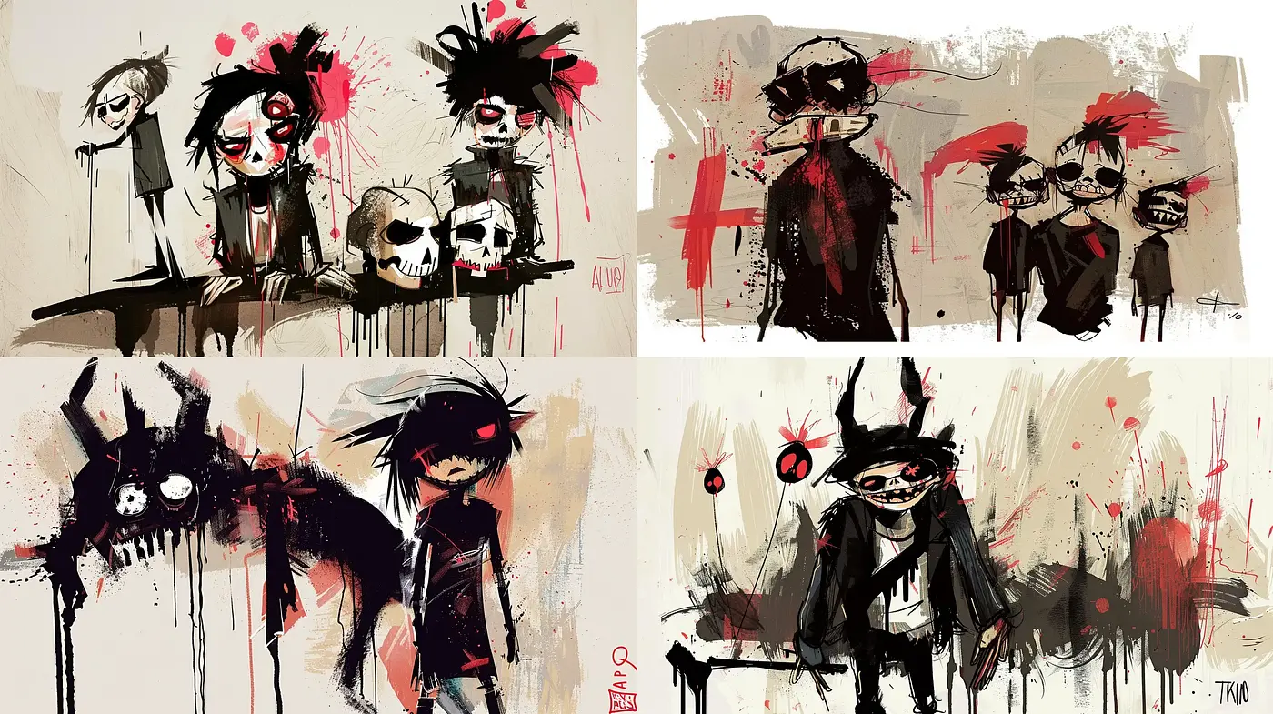 Expressive Dark Strokes and Red Accents in Abstracted Forms - Midjourney sref style