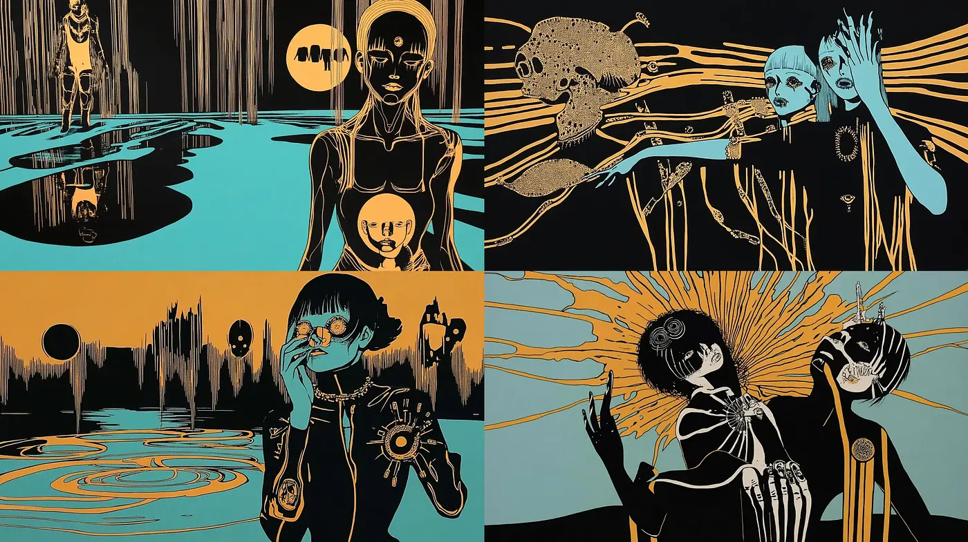 Nocturnal Cyan and Amber: Abstract Silhouettes Drenched in Moonlight - Midjourney sref style