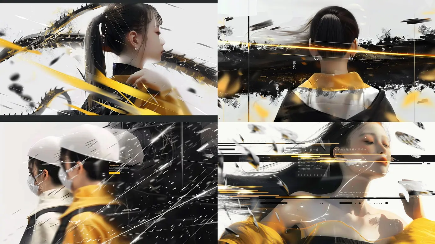 Monochromatic Harmony with Dynamic Yellow Accents in a Digital Storm - Midjourney sref style