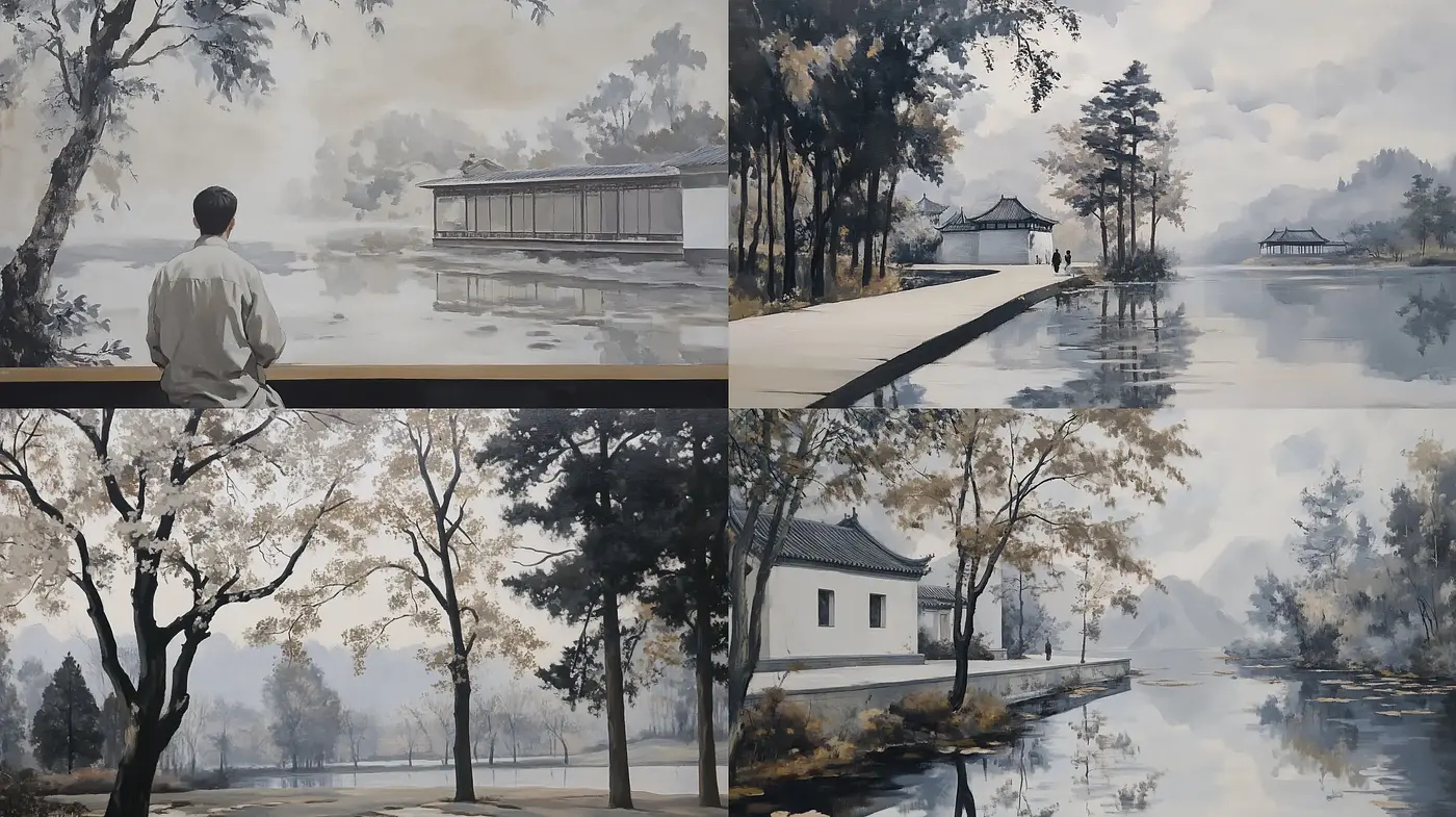 Tranquil Reflections in Monochrome: A Consistent Study of Serene Landscapes - Midjourney sref style