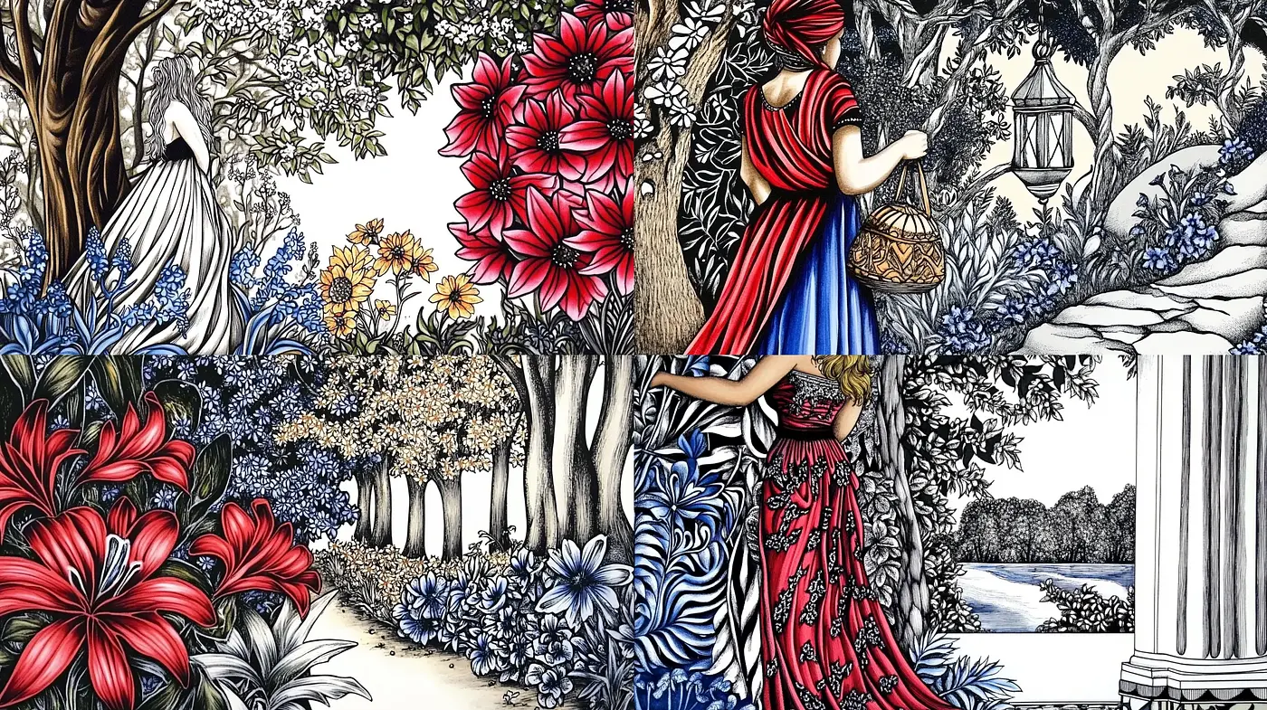 Enchanted Botanical Tapestry: A Fusion of Florals and Fine Lines - Midjourney sref style