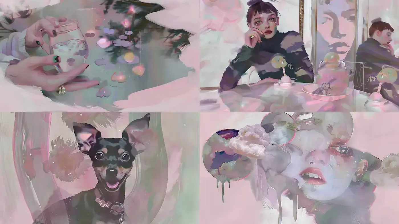Surreal and dreamlike compositions with pastel aesthetics - Midjourney sref style