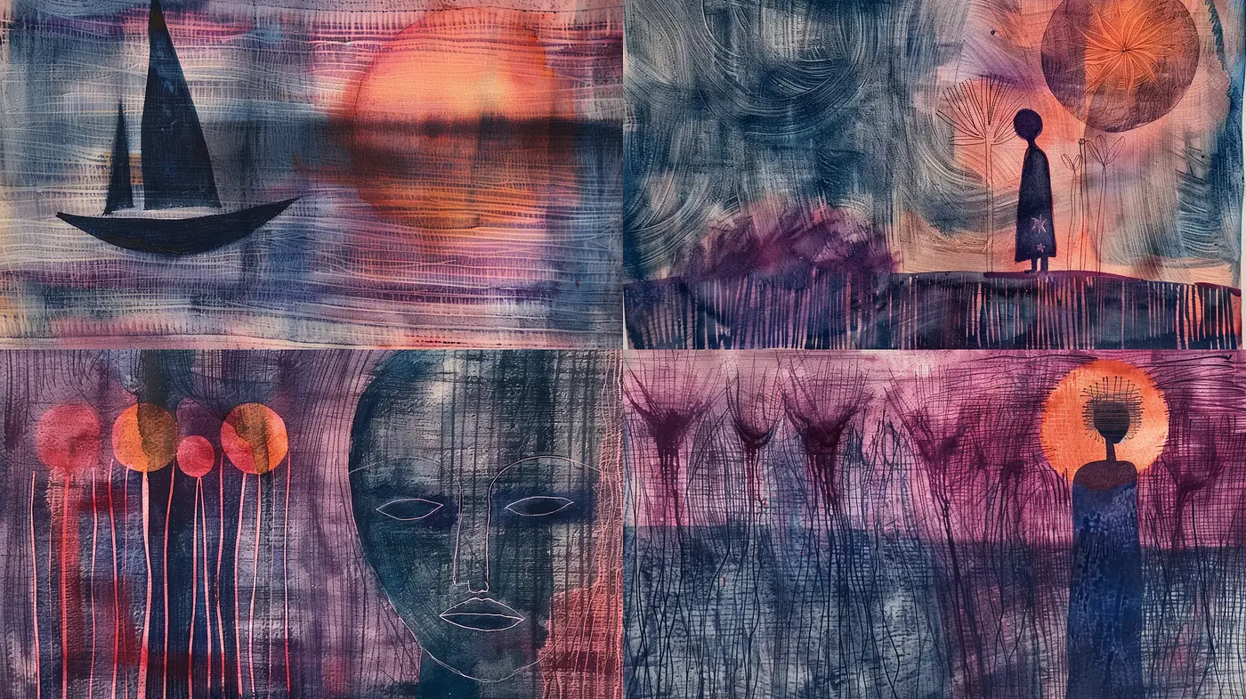 Abstract Expressionist Dreamscape with Textural Vibrancy - Midjourney sref style