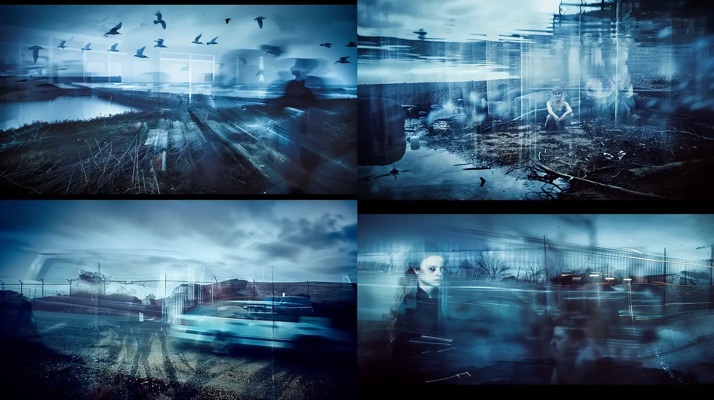 Ethereal Blue Dreamscape with Abstract Ghostly Forms - Midjourney sref style