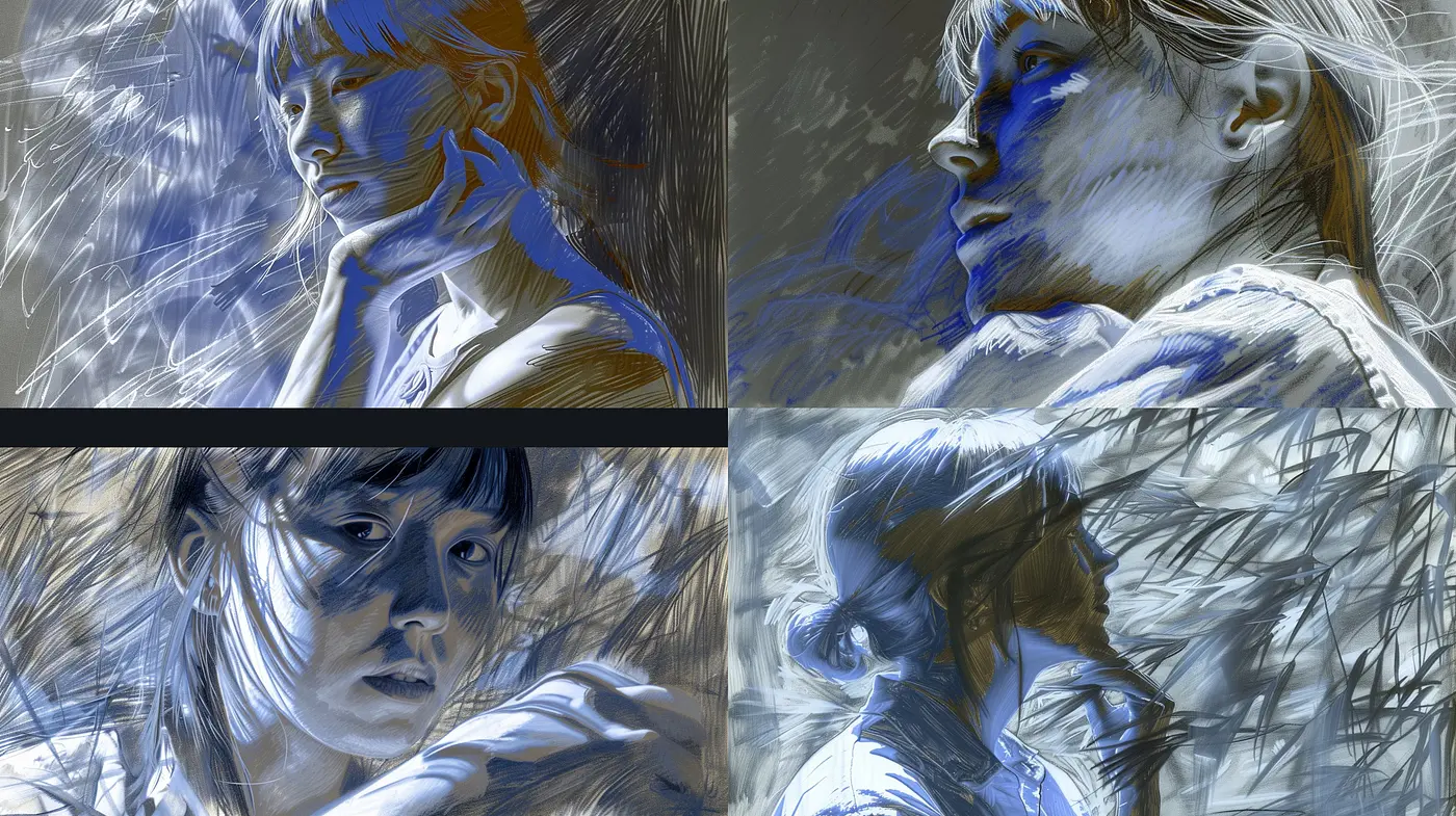 Ethereal Brushstrokes in Monochrome and Cobalt - Midjourney sref style