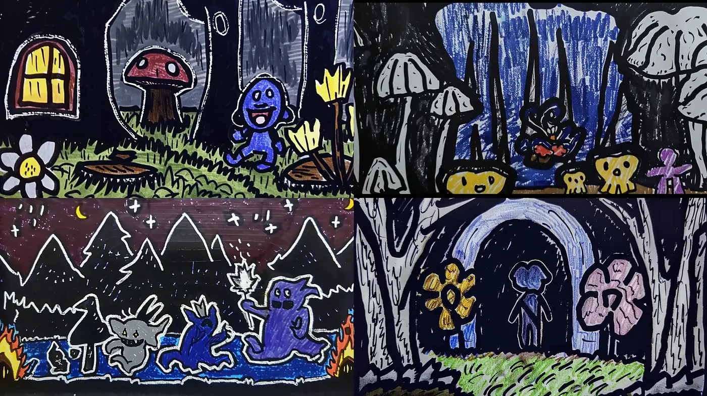 Eccentric Animated Nightscapes with Expressive Brushstrokes and Vibrant Characters - Midjourney sref style