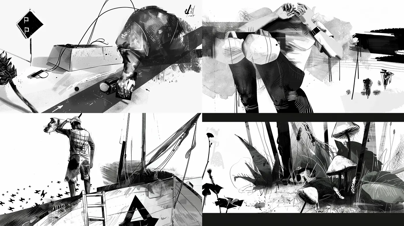 Monochromatic Dreamscape: A Harmonious Blend of Abstract Expressionism and Digital Sketch Artistry - Midjourney sref style