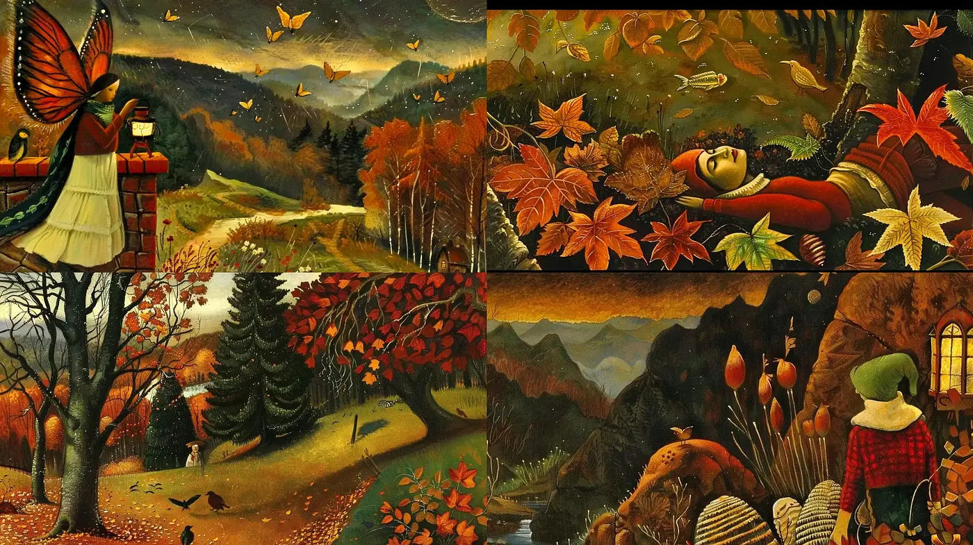 Autumnal Reverie in Surreal Folkloric Landscapes - Midjourney sref style