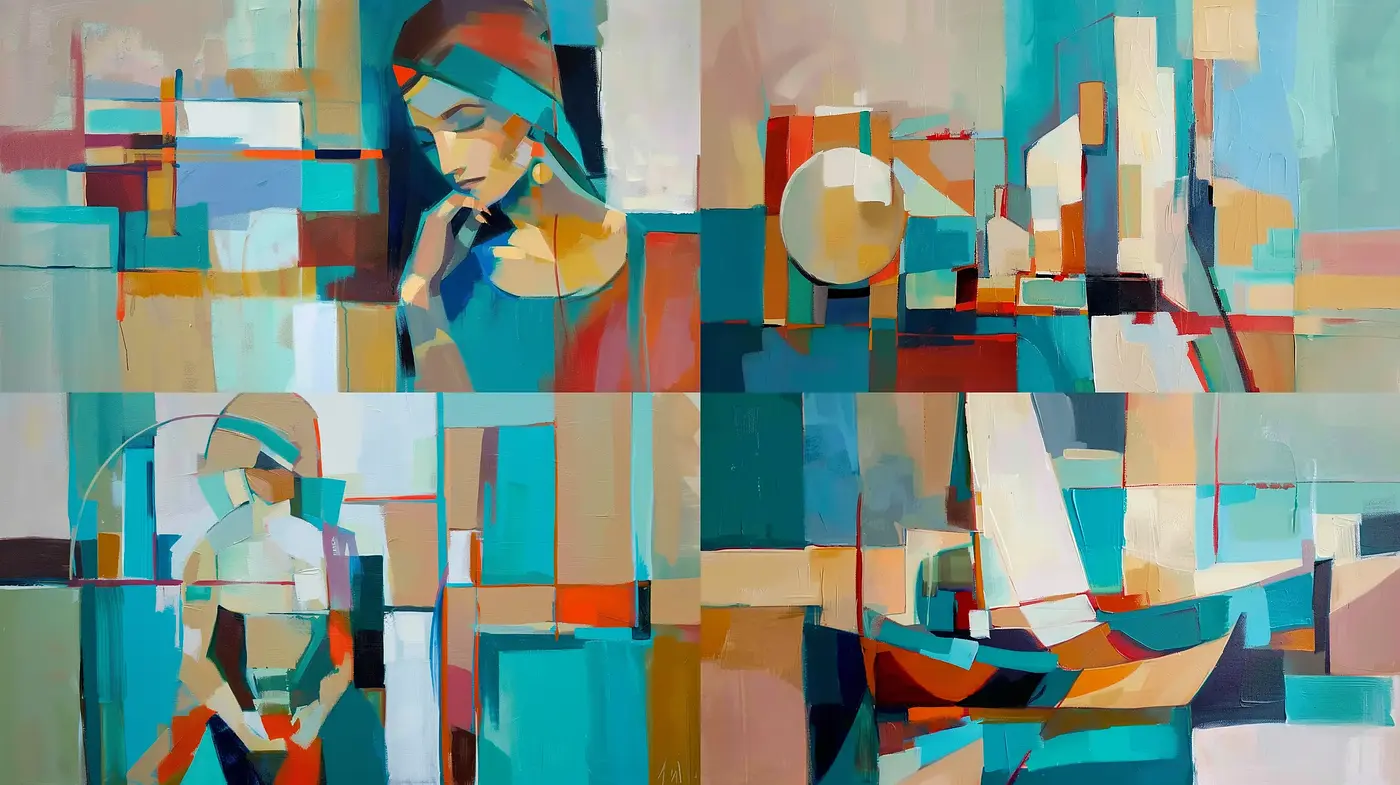 Abstract Geometric Harmony in Soothing Aquamarine and Warm Earth Tones - Midjourney sref style