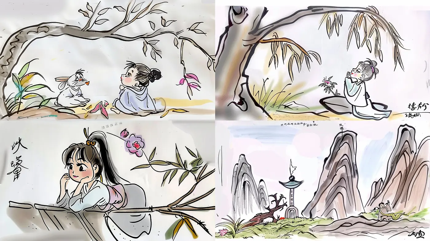 Ink-Washed Nostalgia: East Asian Brushwork Harmonizing with Pastel Tones - Midjourney sref style