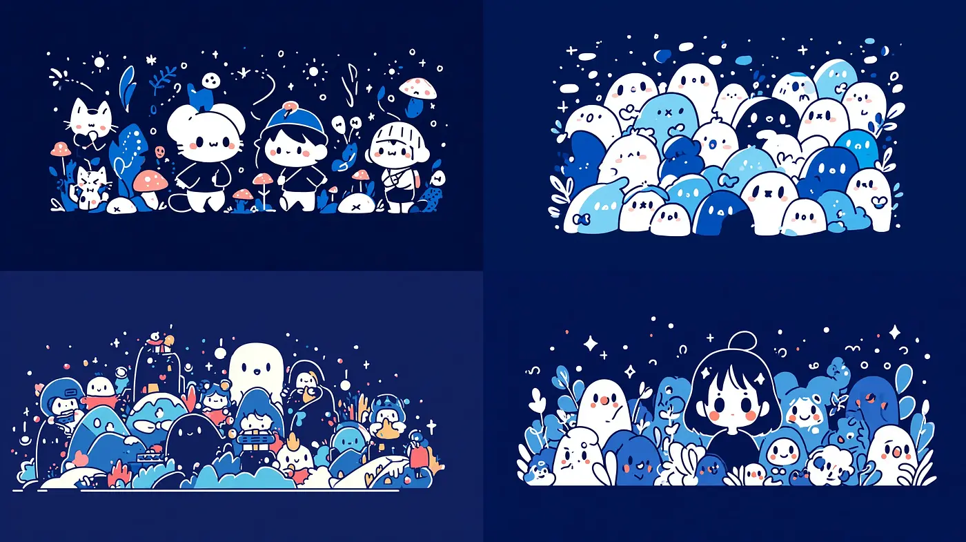 Charming and Whimsical Illustrations with a Playful Character Ensemble - Midjourney sref style