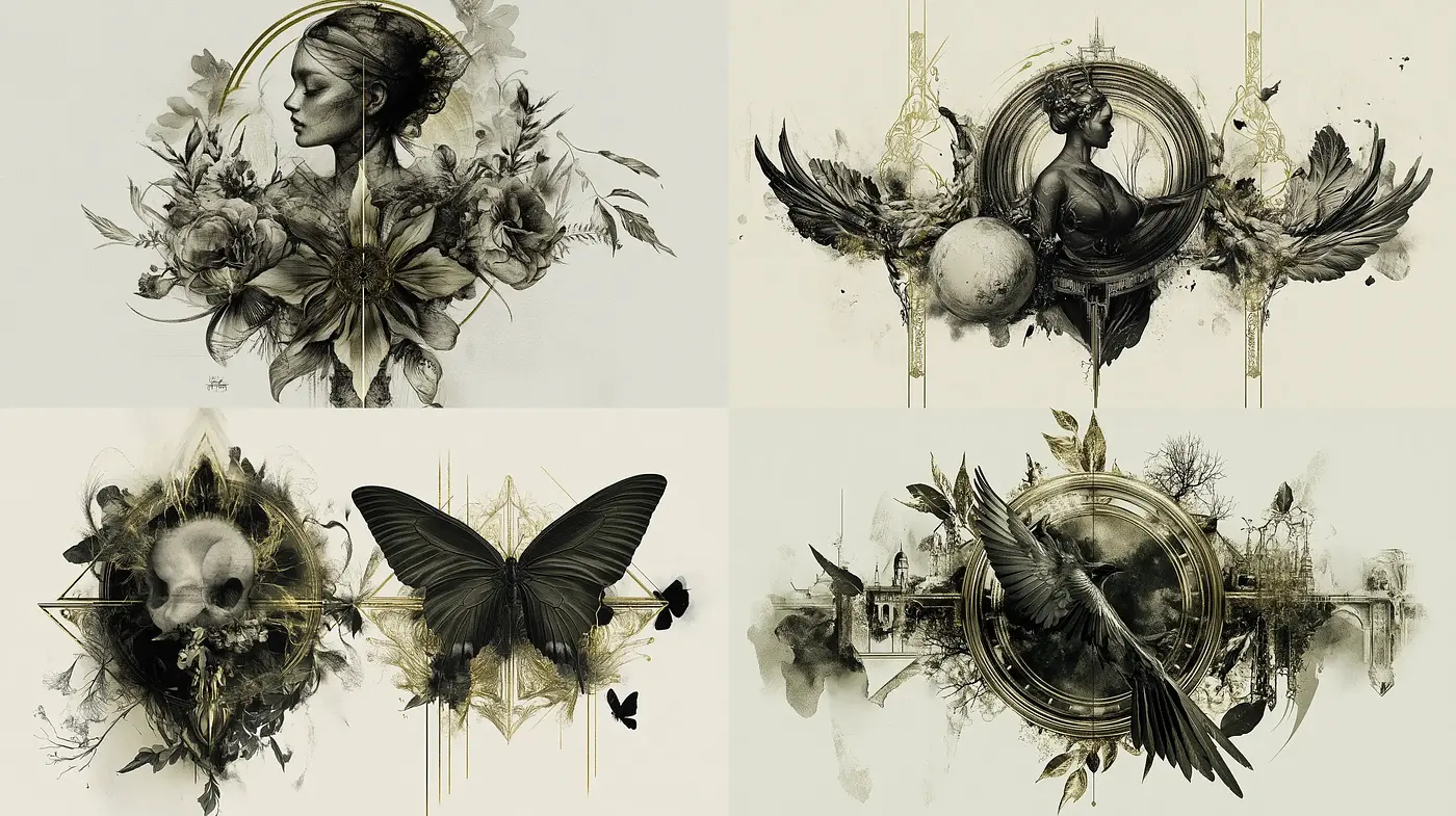 Ethereal Symmetry and Nature-Inspired Fusion in Monochrome - Midjourney sref style