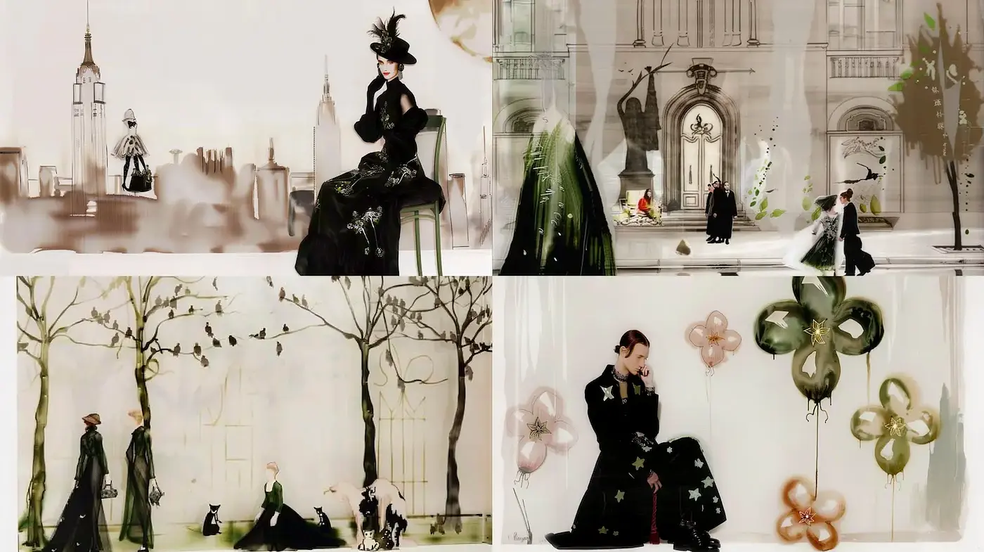 Elegant fashion illustrations with a blend of historical and modern elements - Midjourney sref style