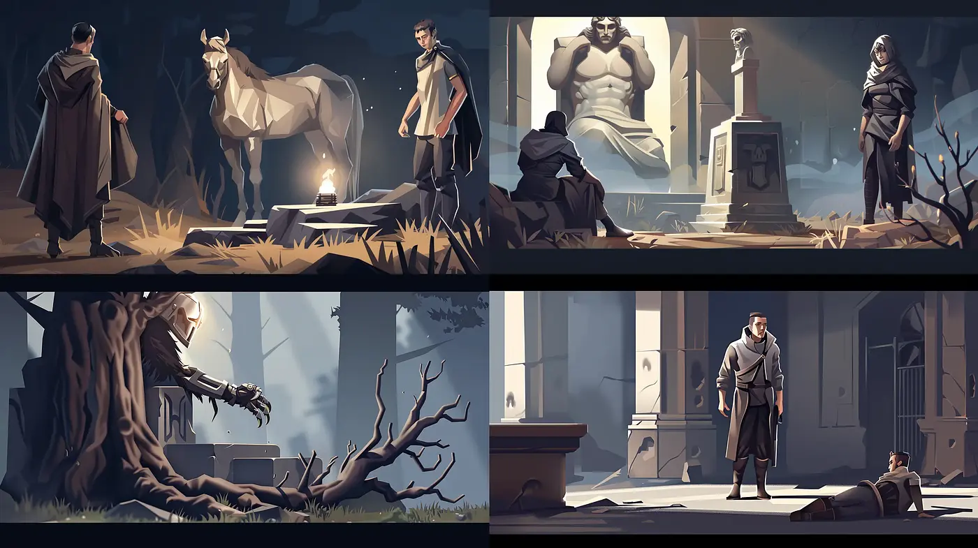 Twilight Elegy: A Homage to Serene Dusk and Classical Sculptures - Midjourney sref style
