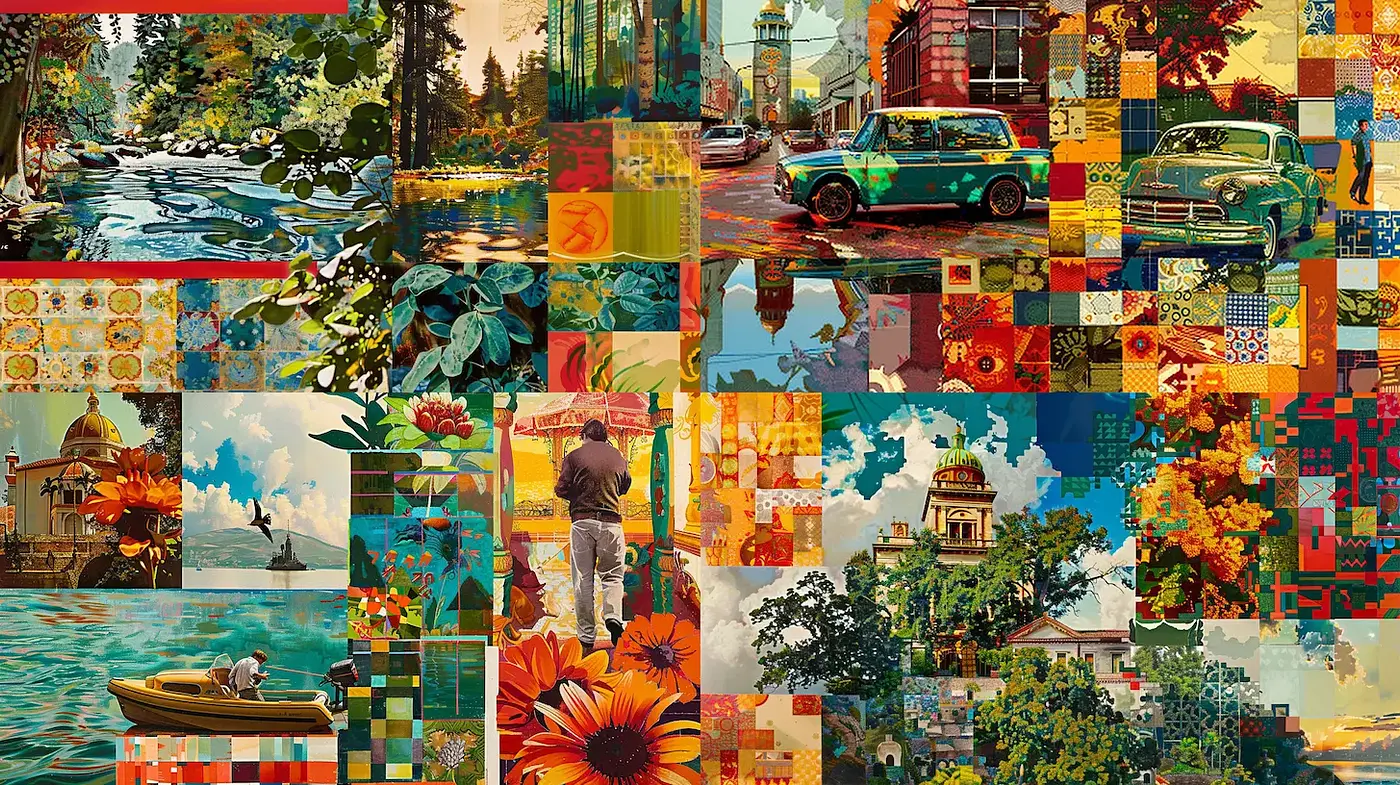 Vibrant Composition with a Nostalgic Touch and Natural Elements - Midjourney sref style
