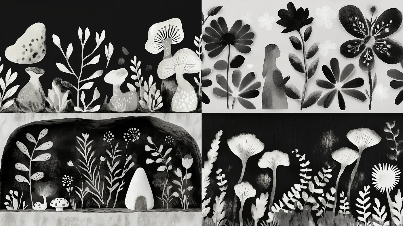 Monochromatic Botanical Illustration Exploration - Midjourney sref style