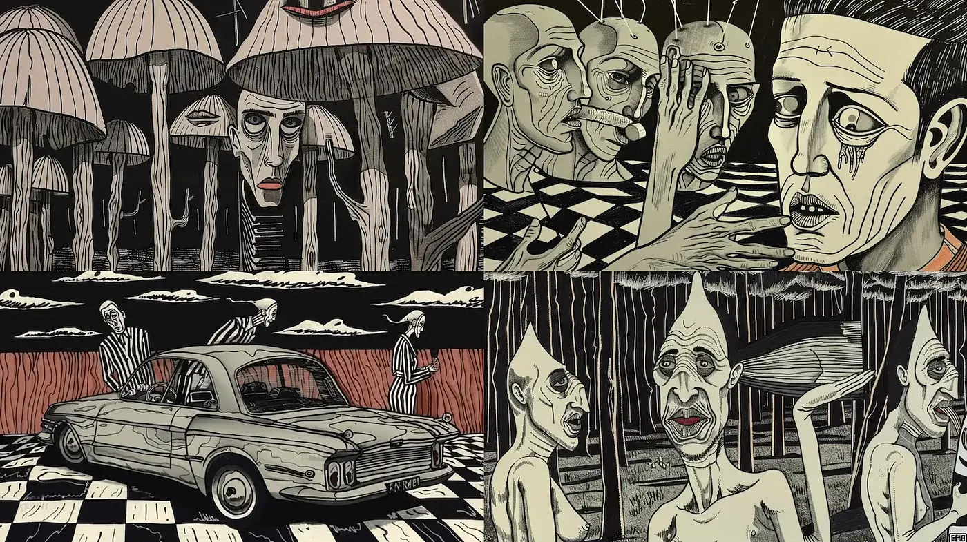Surrealist and Distorted Realism with Grotesque Elements - Midjourney sref style