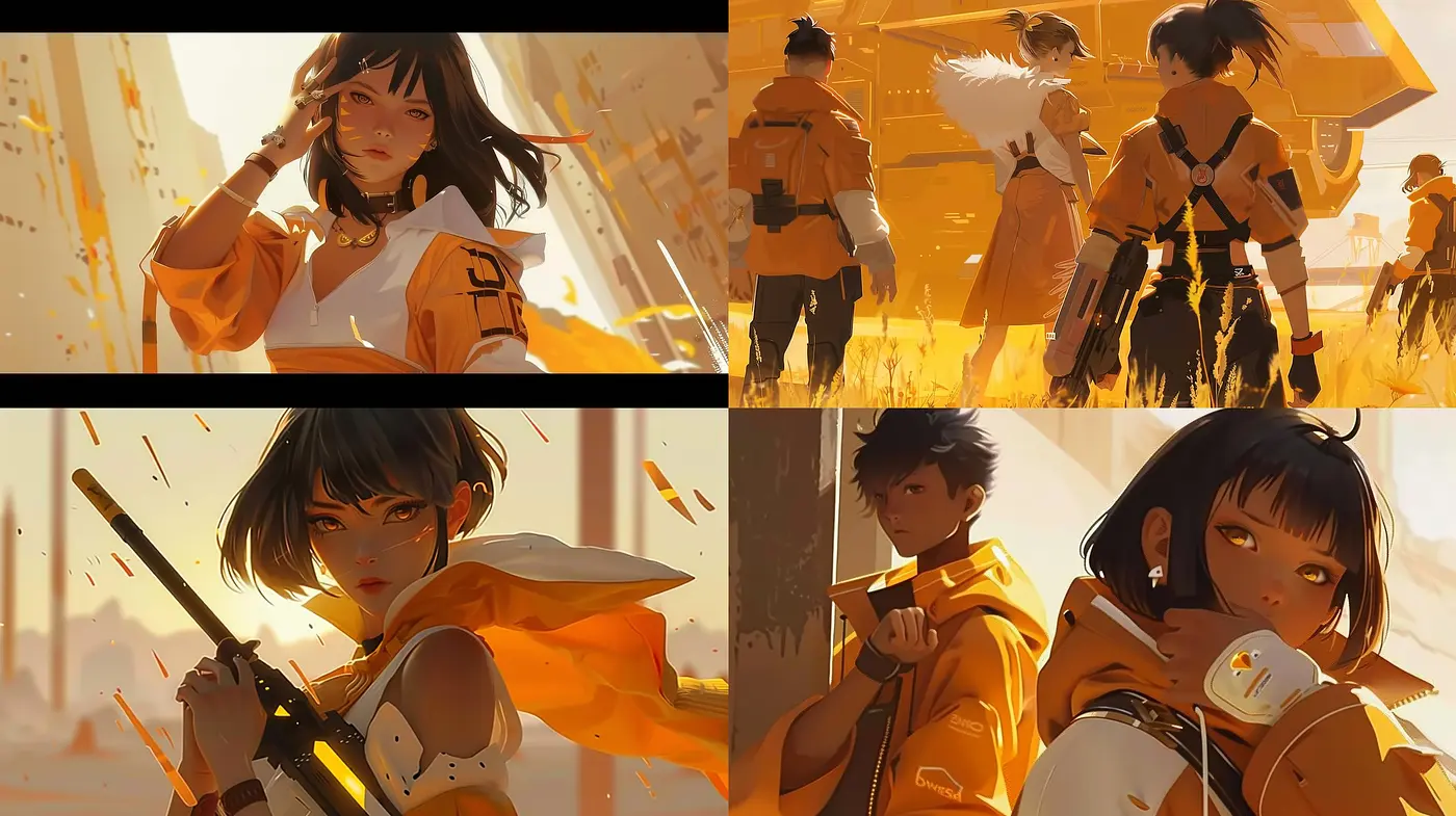Sun-kissed Dynamic Anime: A Harmonious Blend of Warm Tones and Energetic Poses - Midjourney sref style