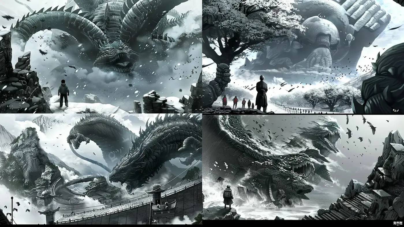 Dramatic fantasy landscape with mythical creatures and ethereal elements - Midjourney sref style