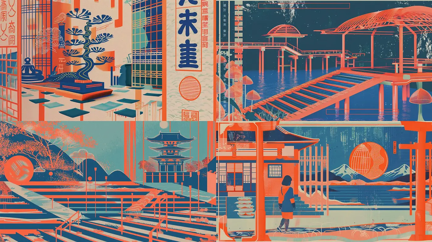 Retro Futuristic Ukiyo-e Harmony: A Fusion of Traditional Japanese Woodblock Prints and Vibrant Sci-Fi Elements - Midjourney sref style