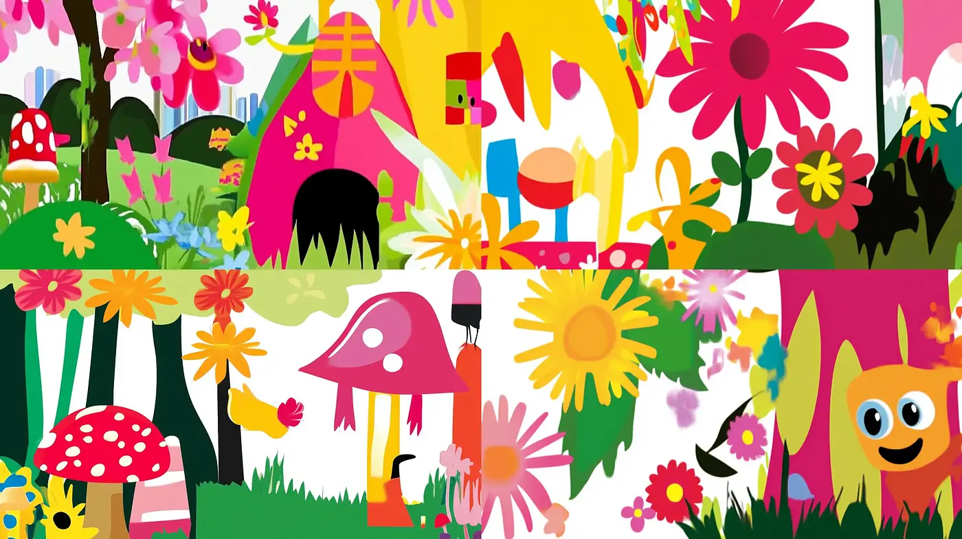 Vibrant and Whimsical Gardenscape in Flat Digital Art Style - Midjourney sref style