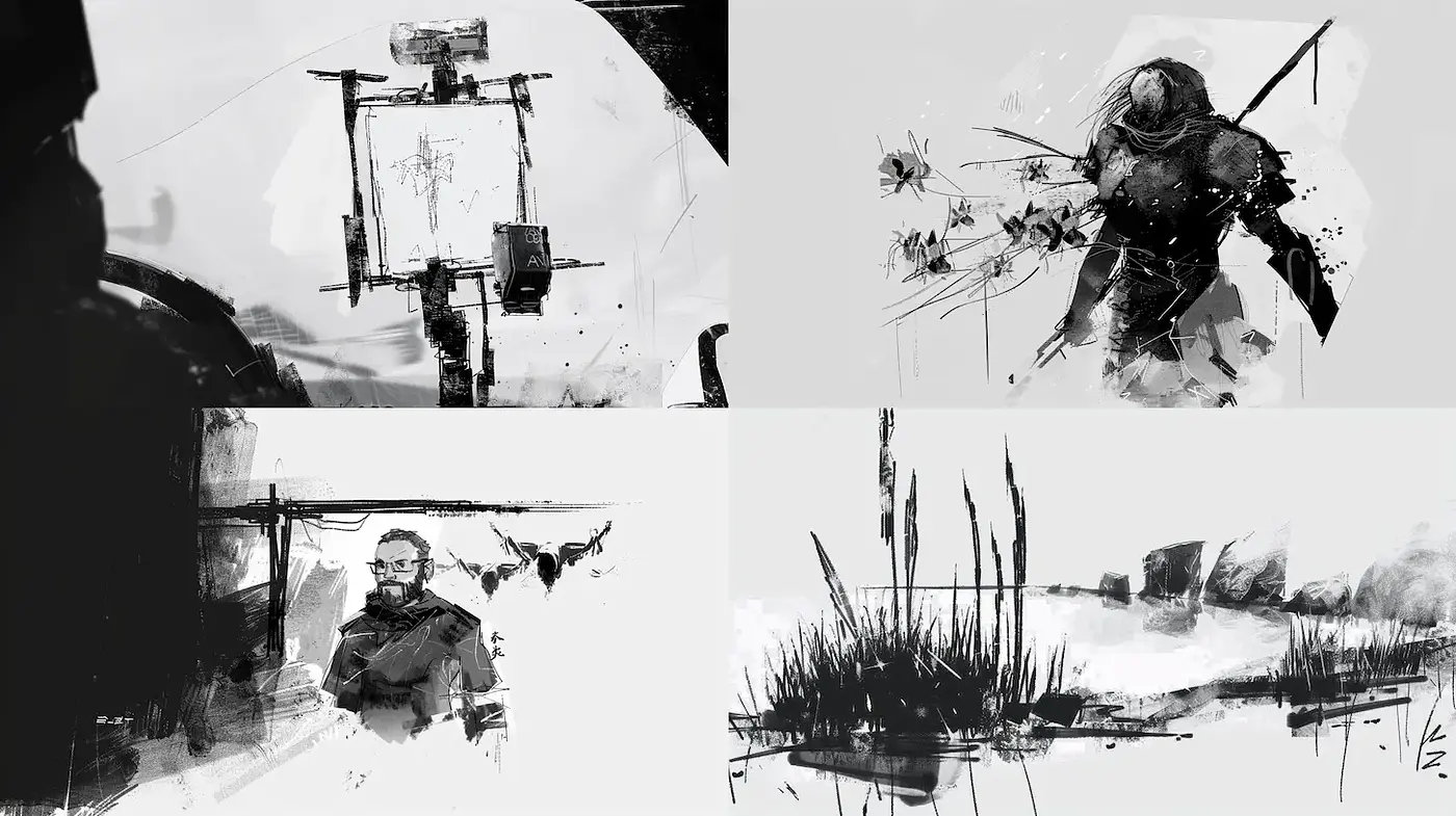 Monochromatic Exploration of Abstract Forms and Human Emotion - Midjourney sref style