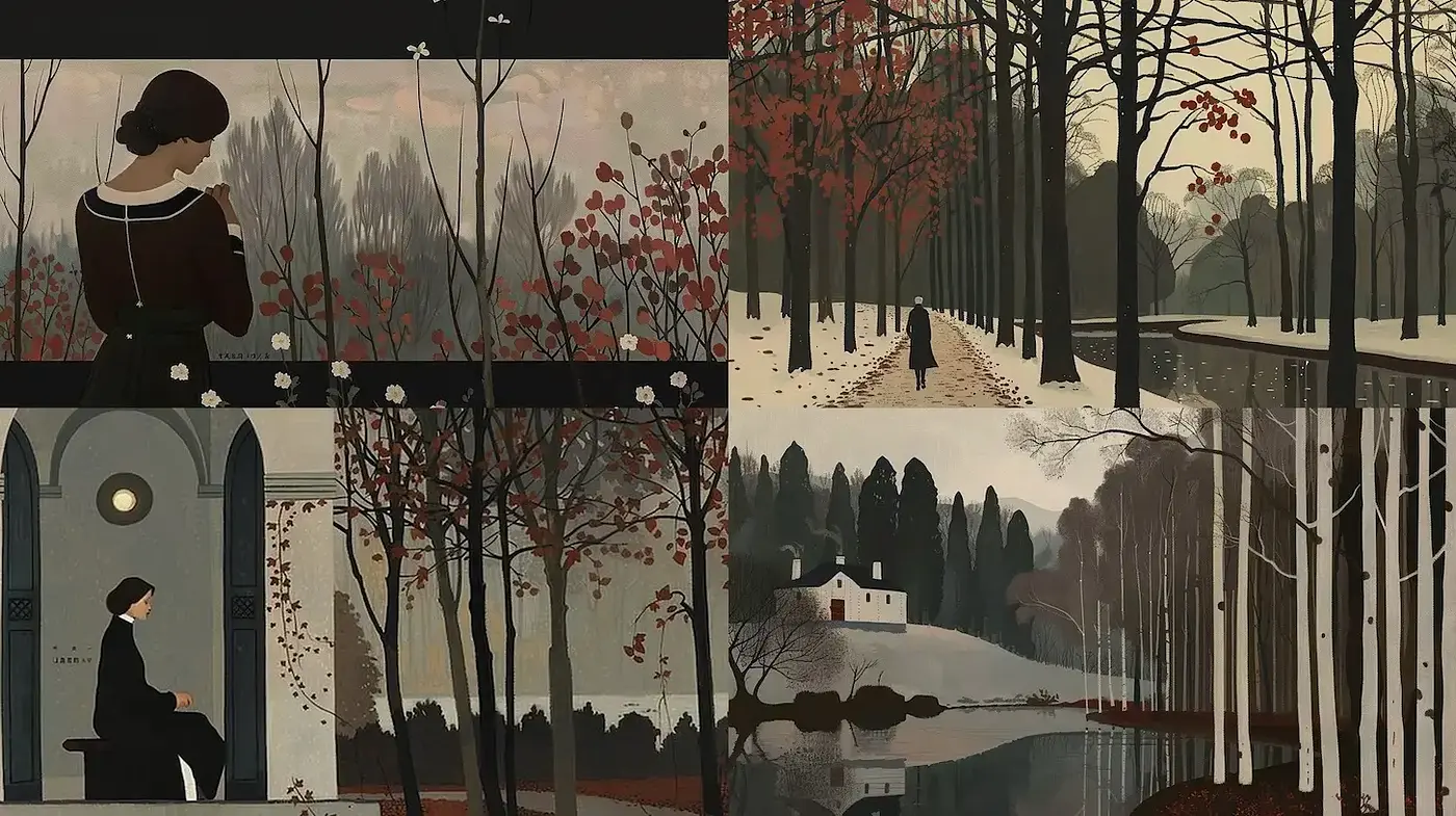 Serene Illustrative Landscape with Subdued Autumnal Hues - Midjourney sref style