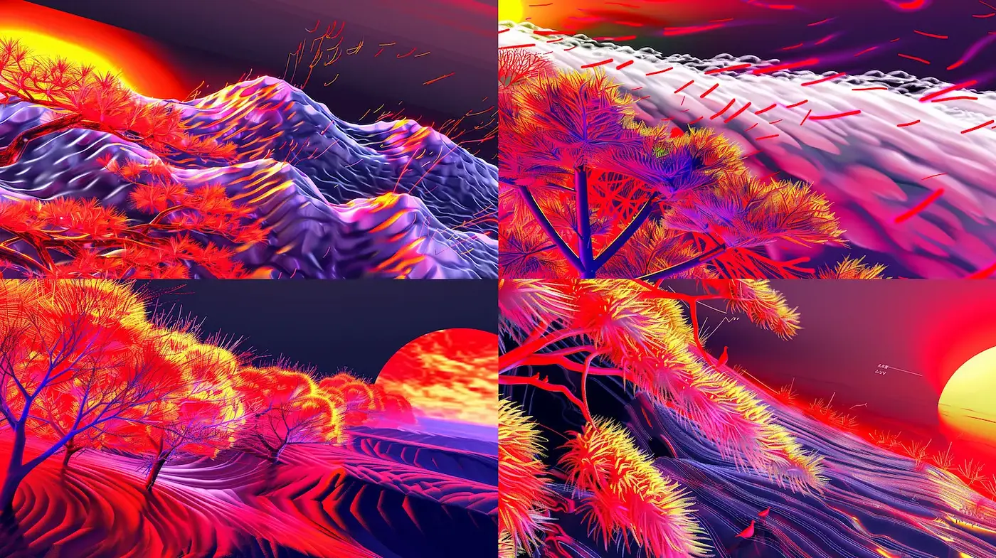 Vivid and Dynamic Surreal Landscapes with Abstract Detailing - Midjourney sref style